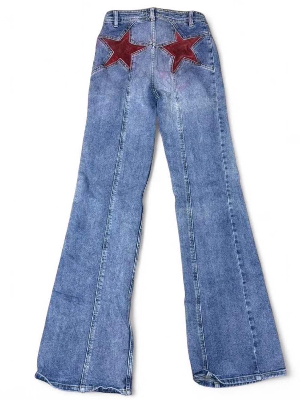 We The Free Blue Firecracker Flare Jean with Red Suede Star Back Patch Appliqués